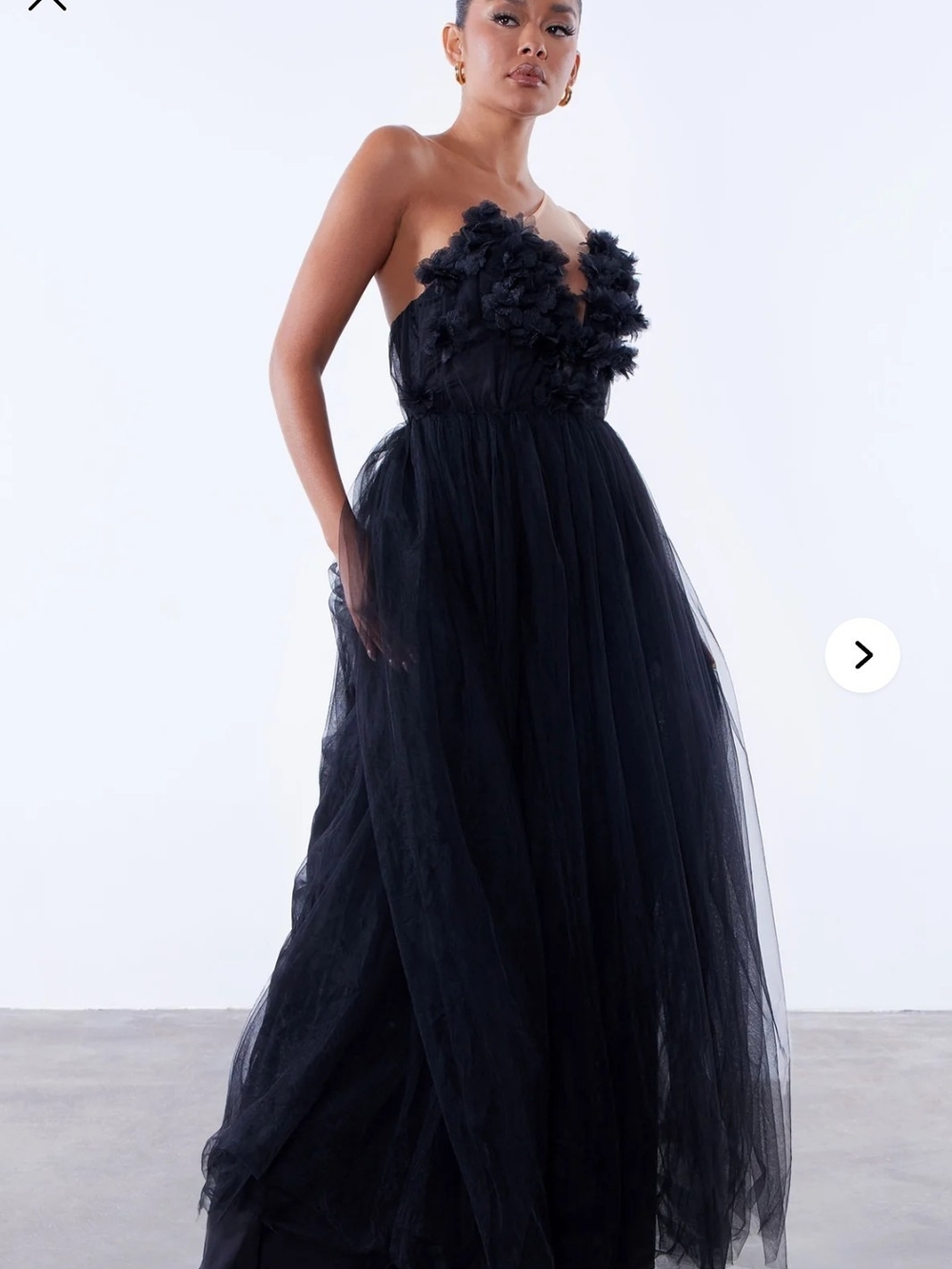 Fashion Nova Lux Dahlia Strapless Black Tulle Gown with Floral Bodice